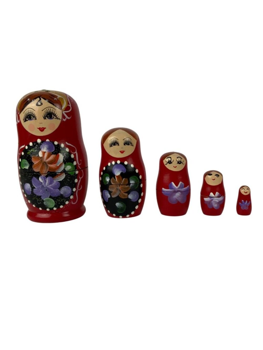 Matryoshka Hand-Painted Russian Nesting Dolls Floral Design Set Of 5 Red Purple